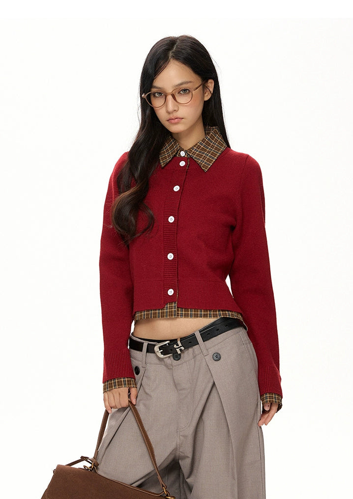 y2k-kawaii-fashion-Checked Collar Colorblock Cardigan-Pinky Dollz