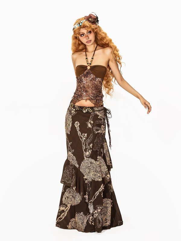 y2k-kawaii-fashion-Boho Brown Printed Maxi Skirt-Pinky Dollz