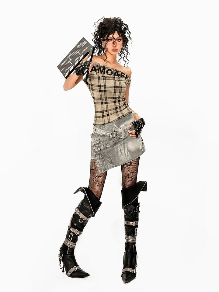 y2k-kawaii-fashion-Grey Asymmetric Denim Mini Skirt-Pinky Dollz