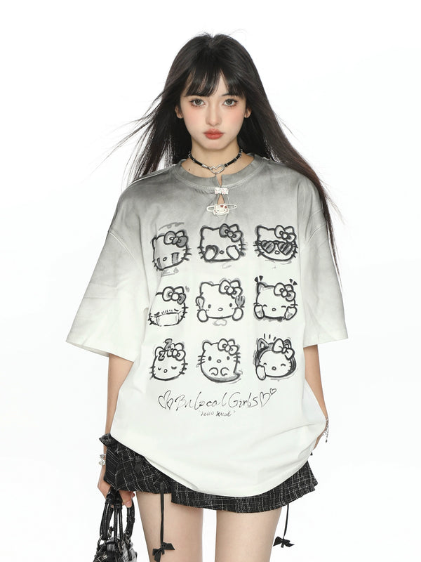 y2k-kawaii-fashion-Grey Ombre Hello Kitty Graphic T Shirt-Pinky Dollz