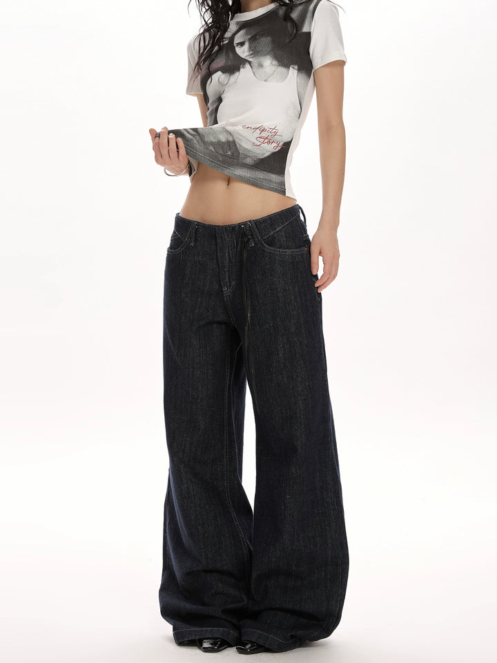 y2k-kawaii-fashion-Dark Blue Low-Waist Straight Leg Jeans-Pinky Dollz