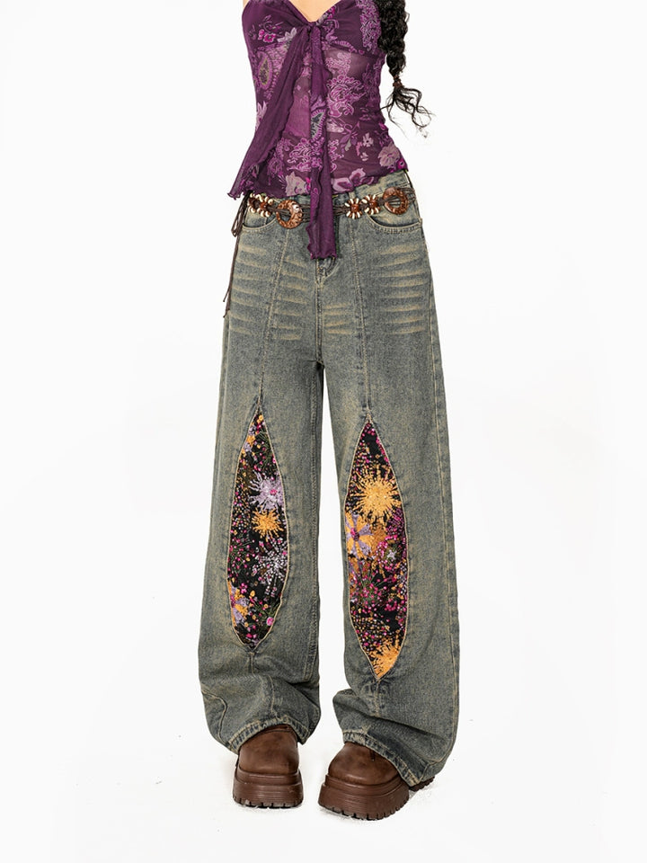 y2k-kawaii-fashion-Firework Embroidery Wide-Leg Jeans-Pinky Dollz