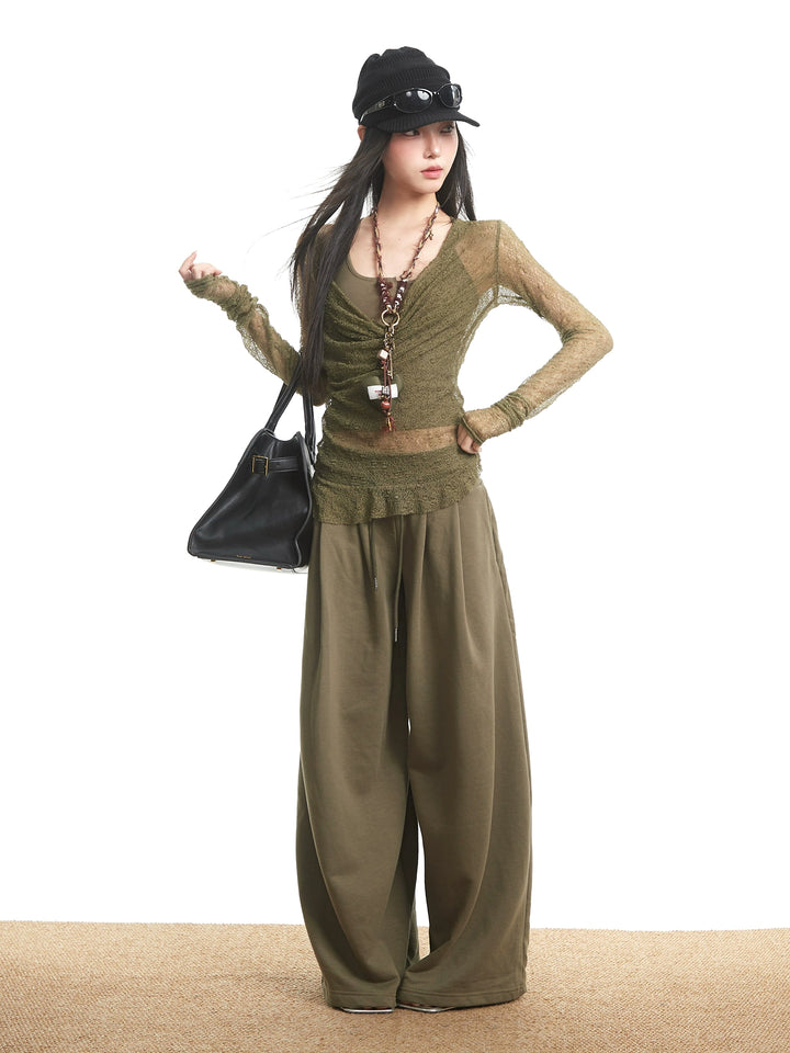 y2k-kawaii-fashion-Olive Sheer Lace Ruched Top-Pinky Dollz