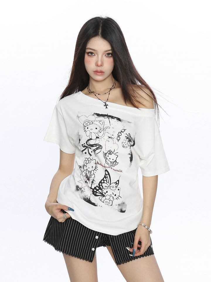 y2k-kawaii-fashion-White Hello Kitty Off-Shoulder Tee-Pinky Dollz