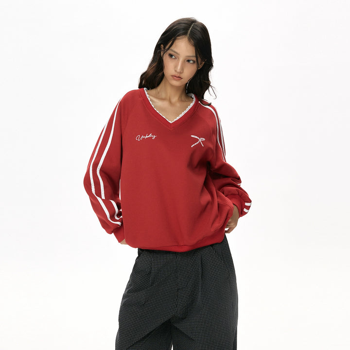 y2k-kawaii-fashion-Lace-Trim Striped V-Neck Long Sleeve Top-Pinky Dollz