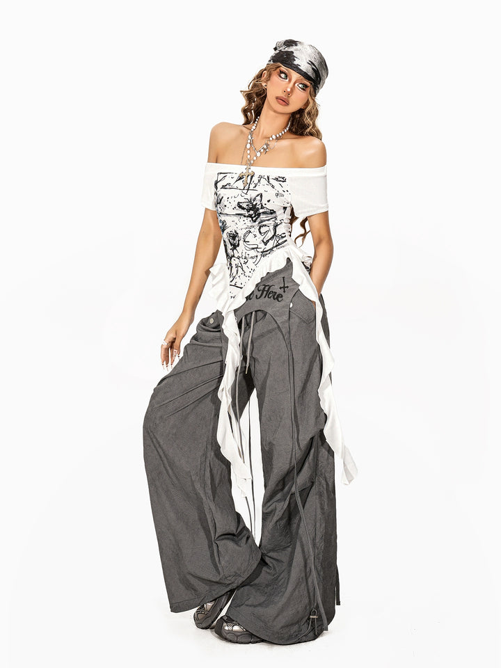 y2k-kawaii-fashion-White Off-Shoulder Graphic Top-Pinky Dollz