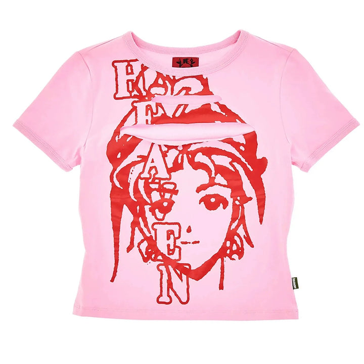 y2k-kawaii-fashion-Pink Cut-Out Graphic Baby T Shirt-Pinky Dollz