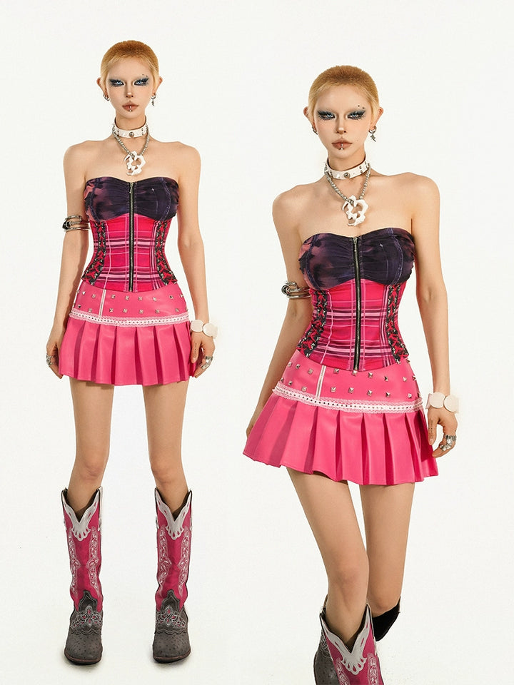 y2k-kawaii-fashion-Pink Plaid Bustier Corset Top-Pinky Dollz