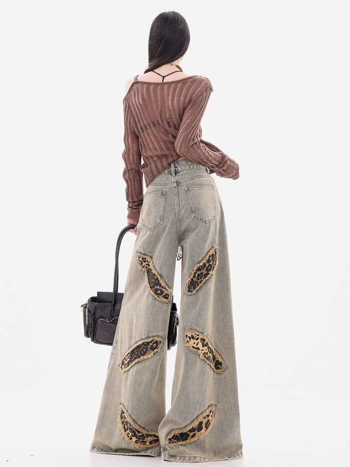 y2k-kawaii-fashion-Leopard Patchwork Wide-Leg Jeans-Pinky Dollz