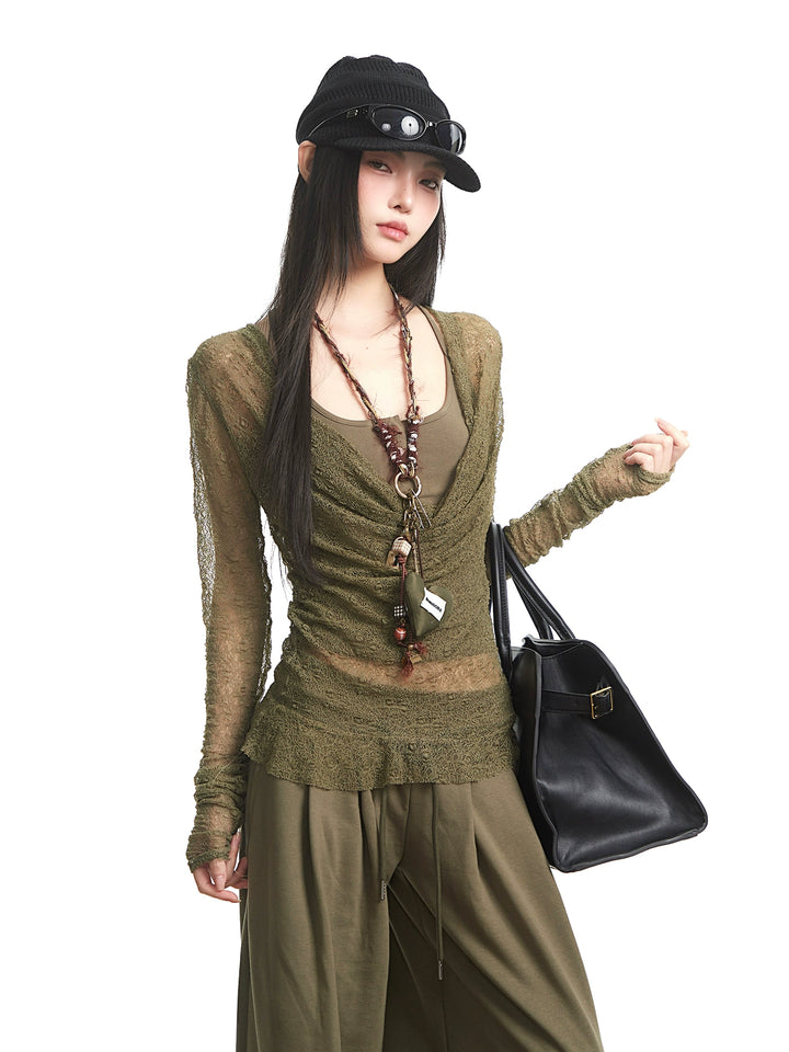 y2k-kawaii-fashion-Olive Sheer Lace Ruched Top-Pinky Dollz