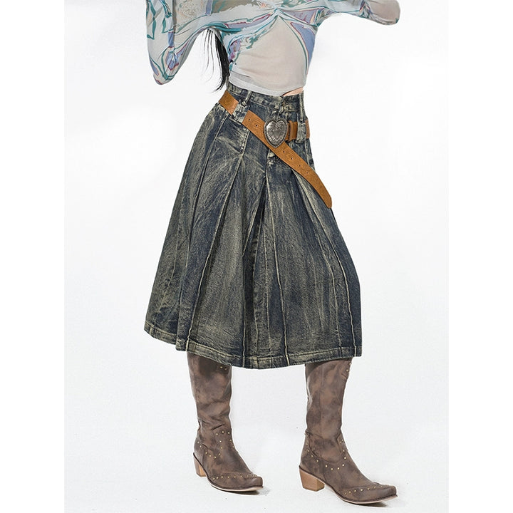 y2k-kawaii-fashion-Vintage Pleated Denim Midi Skirt-Pinky Dollz