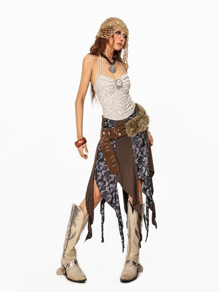 y2k-kawaii-fashion-Brown Asymmetrical Boho Skirt-Pinky Dollz