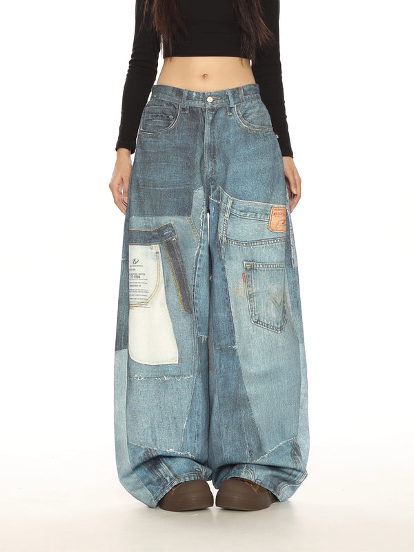 y2k-kawaii-fashion-Patchwork Baggy Wide Leg Jeans-Pinky Dollz