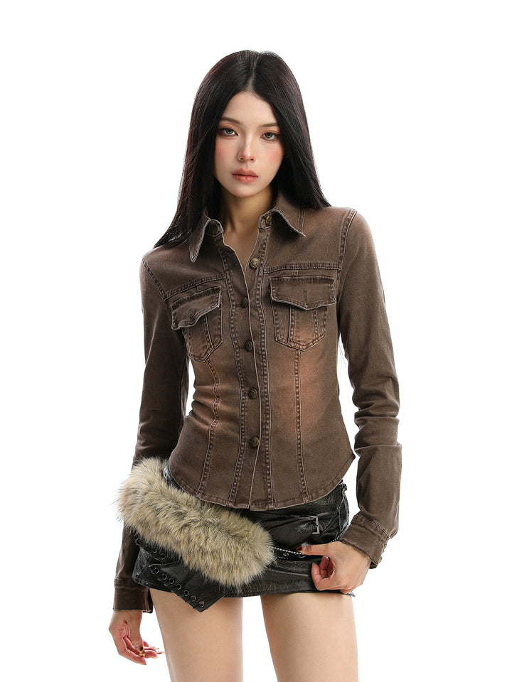 y2k-kawaii-fashion-Washed Fitted Denim Shirt-Pinky Dollz