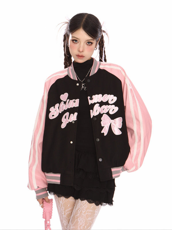 y2k-kawaii-fashion-Varsity Jacket with Bow-Pinky Dollz