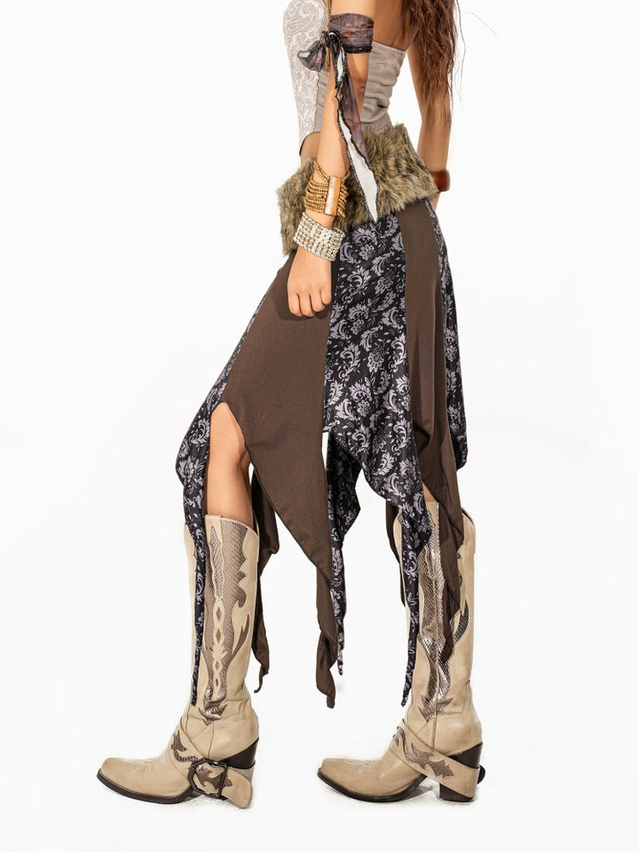 y2k-kawaii-fashion-Brown Asymmetrical Boho Skirt-Pinky Dollz