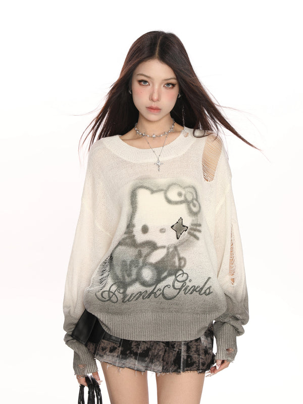y2k-kawaii-fashion-Hello Kitty Punk Girls Distressed Knit Sweater-Pinky Dollz