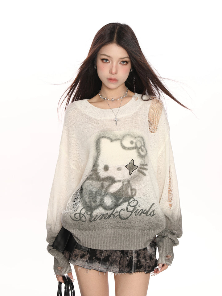 y2k-kawaii-fashion-Hello Kitty Punk Girls Distressed Knit Sweater-Pinky Dollz