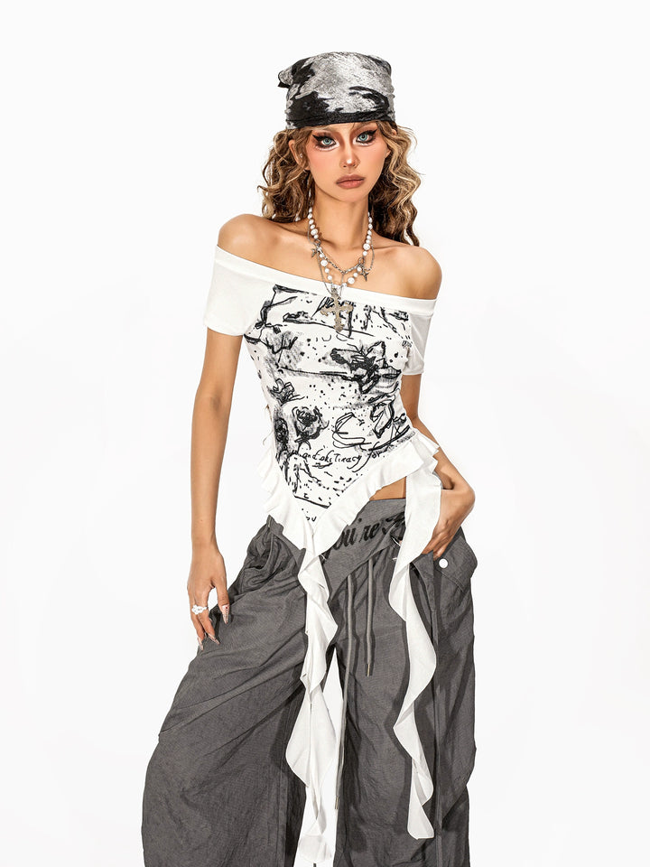 y2k-kawaii-fashion-White Off-Shoulder Graphic Top-Pinky Dollz
