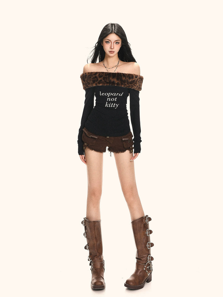 y2k-kawaii-fashion-Leopard Fur Off Shoulder Long Sleeve Top-Pinky Dollz