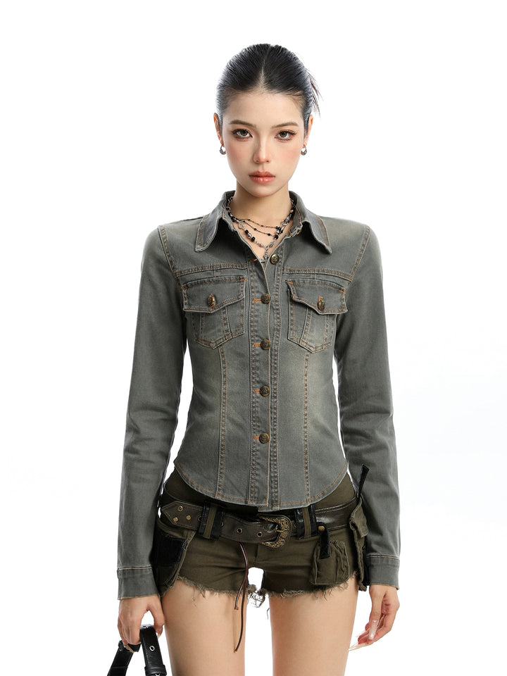 y2k-kawaii-fashion-Washed Fitted Denim Shirt-Pinky Dollz