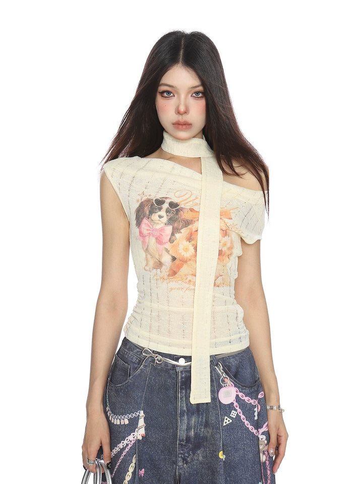 y2k-kawaii-fashion-Puppy Graphic Knit Top with Scarf-Pinky Dollz