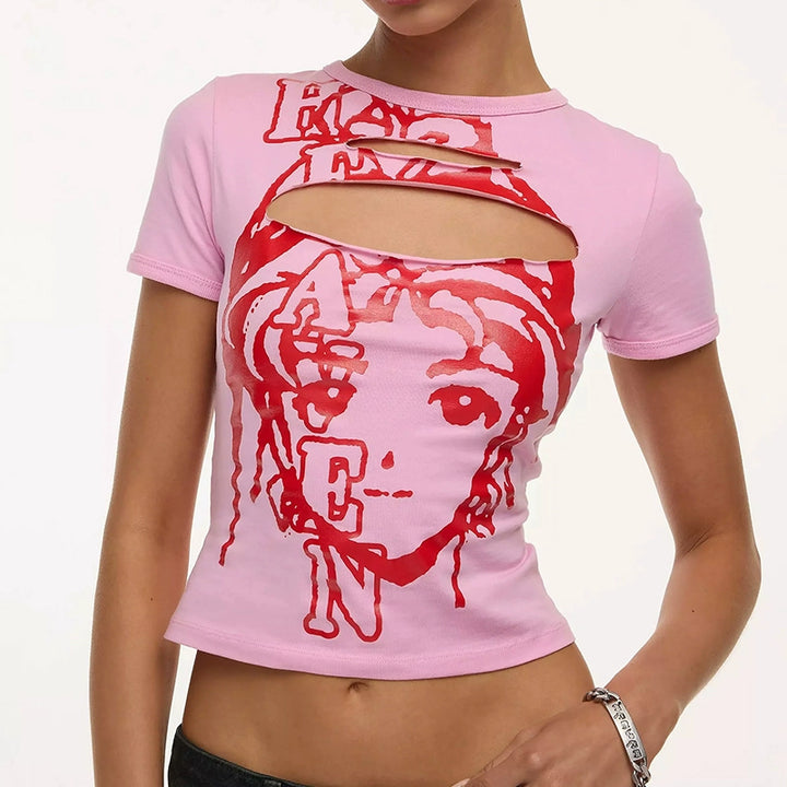 y2k-kawaii-fashion-Pink Cut-Out Graphic Baby T Shirt-Pinky Dollz