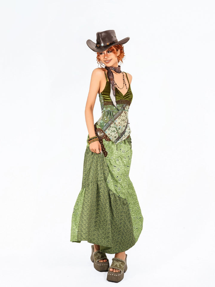 y2k-kawaii-fashion-Green Patchwork Maxi Dress-Pinky Dollz