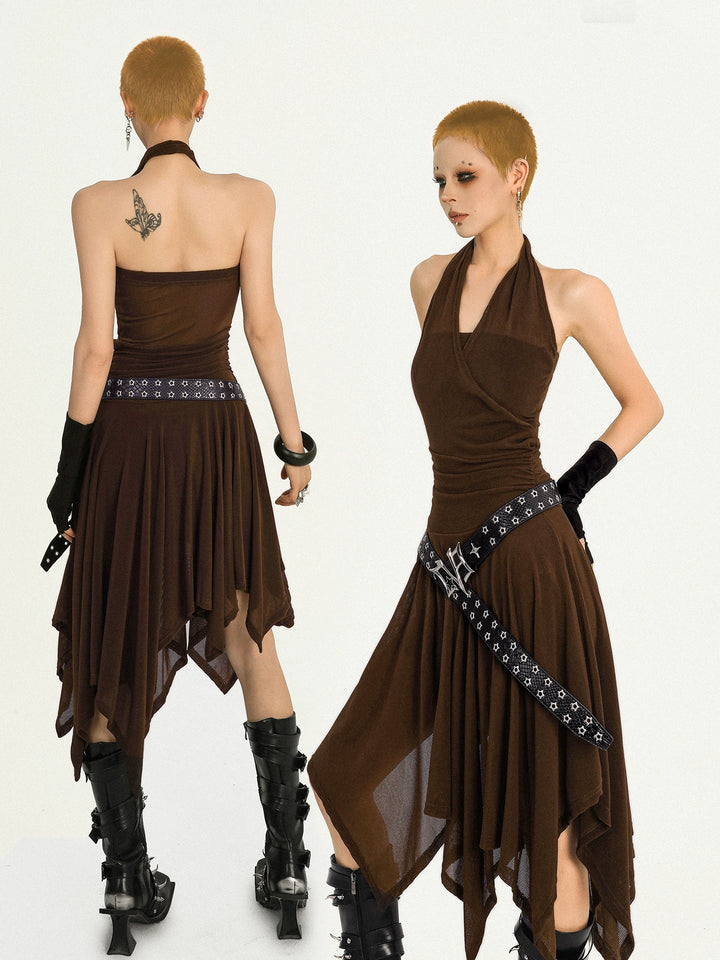 y2k-kawaii-fashion-Brown Halter Asymmetrical Dress-Pinky Dollz