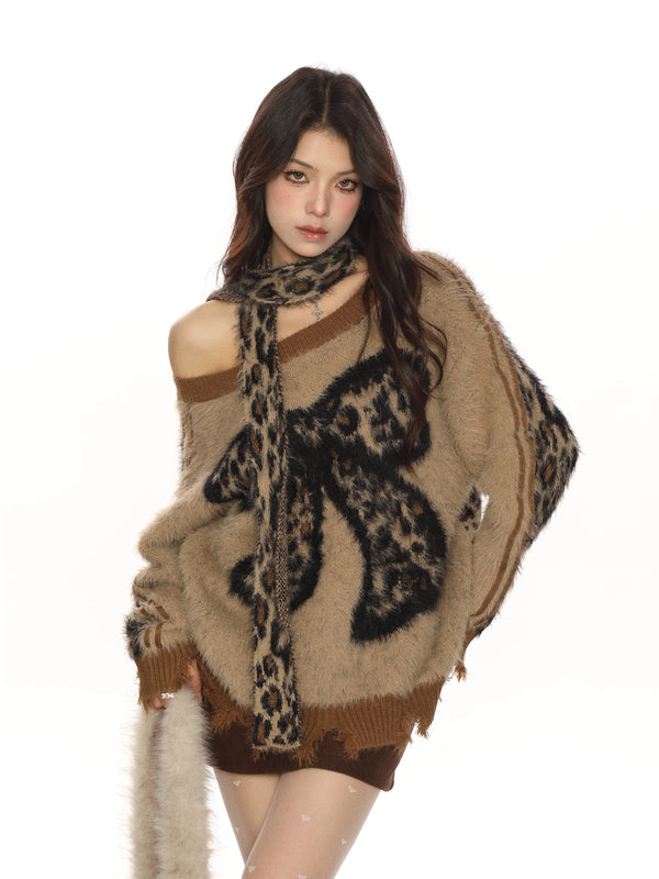y2k-kawaii-fashion-Leopard Bow Fuzzy Sweater-Pinky Dollz