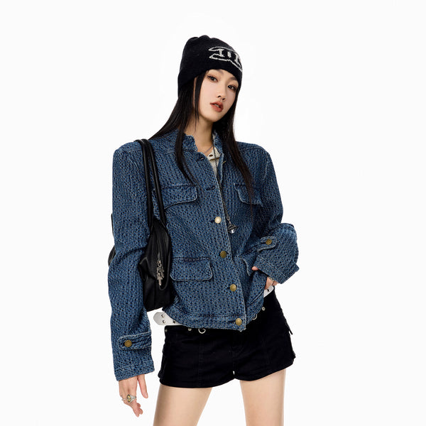 y2k-kawaii-fashion-Textured Denim Utility Jacket-Pinky Dollz