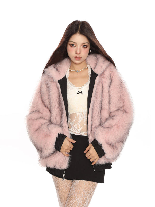 y2k-kawaii-fashion-Reversible Pink Faux Fur Bomber Jacket-Pinky Dollz