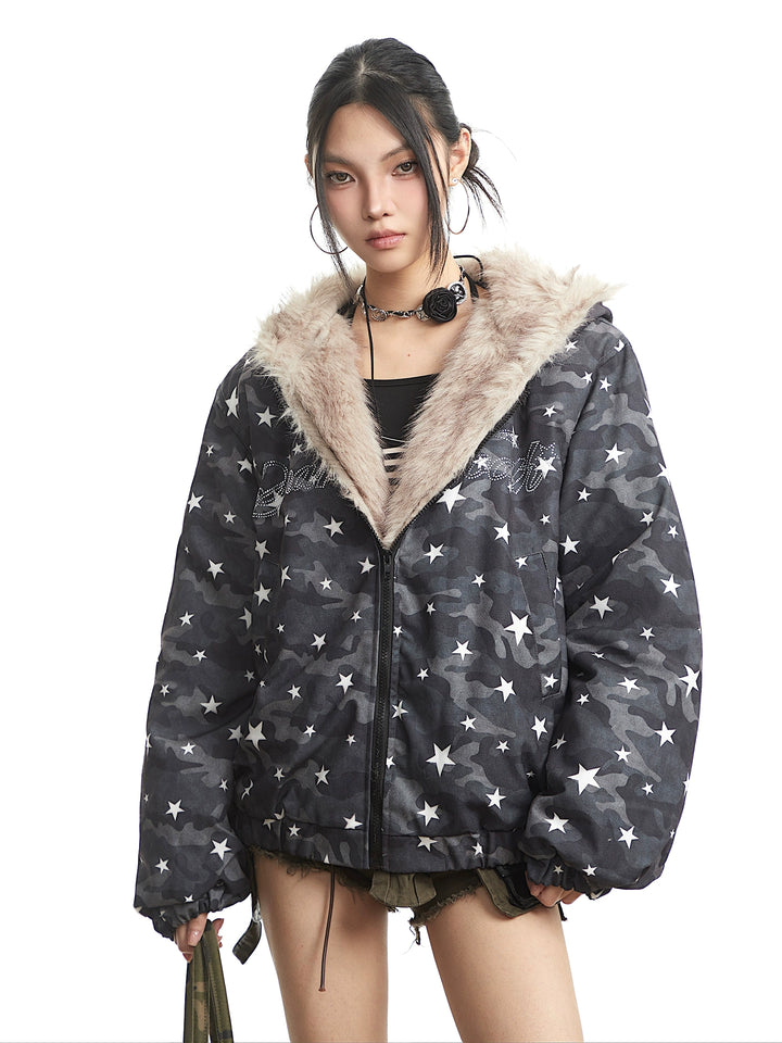 y2k-kawaii-fashion-Starlight Camo Faux-Fur Zip Jacket-Pinky Dollz