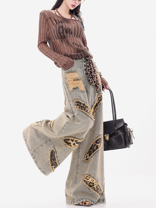 y2k-kawaii-fashion-Leopard Patchwork Wide-Leg Jeans-Pinky Dollz