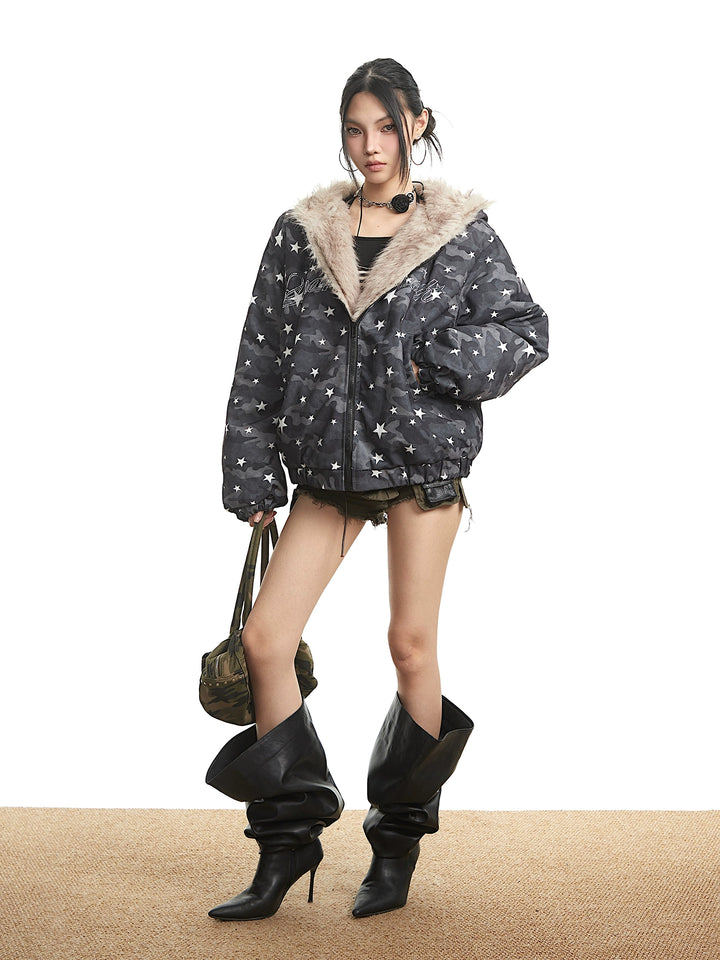 y2k-kawaii-fashion-Starlight Camo Faux-Fur Zip Jacket-Pinky Dollz