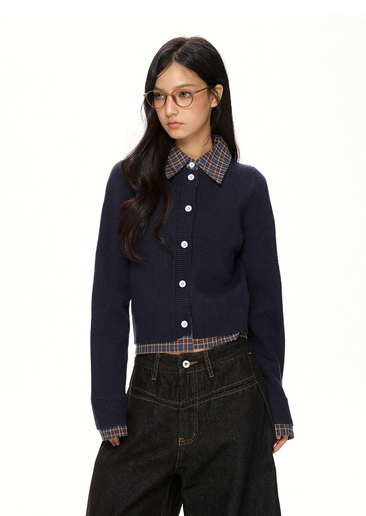 y2k-kawaii-fashion-Checked Collar Colorblock Cardigan-Pinky Dollz