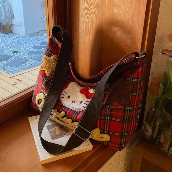 y2k-kawaii-fashion-Plaid Hello Kitty Shoulder Bag-Pinky Dollz