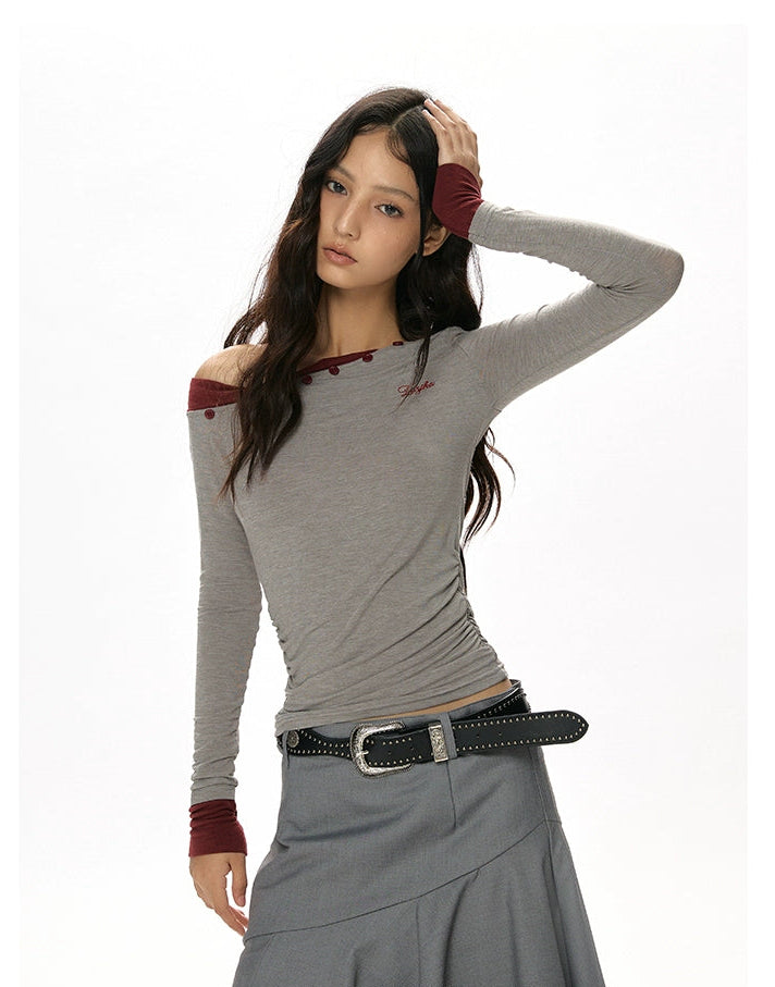 y2k-kawaii-fashion-Off-Shoulder Layered Long Sleeve Top-Pinky Dollz