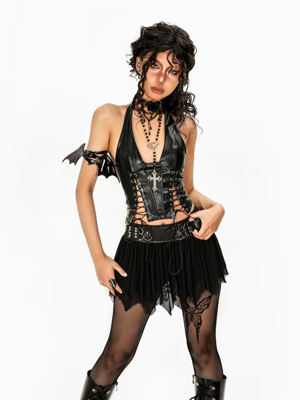 y2k-kawaii-fashion-Black Lace-Up Halter Corset Top-Pinky Dollz