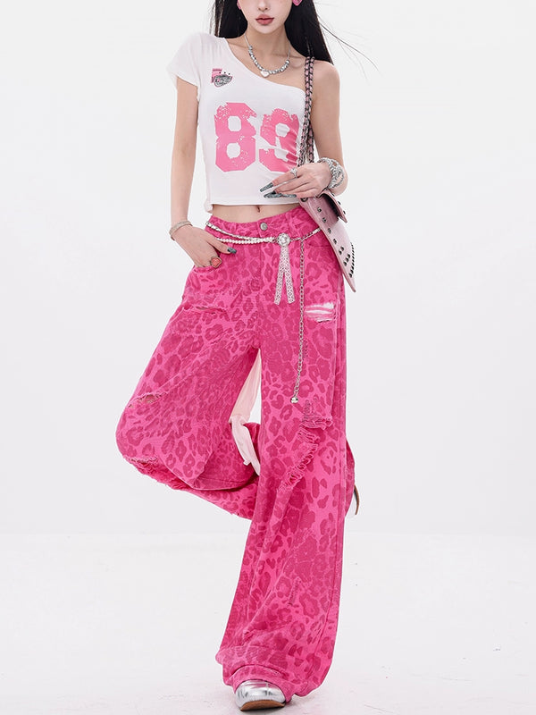 y2k-kawaii-fashion-Hot Pink Ripped Leopard Jeans-Pinky Dollz