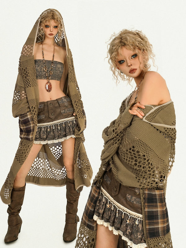 y2k-kawaii-fashion-Khaki Crochet Maxi Cardigan-Pinky Dollz