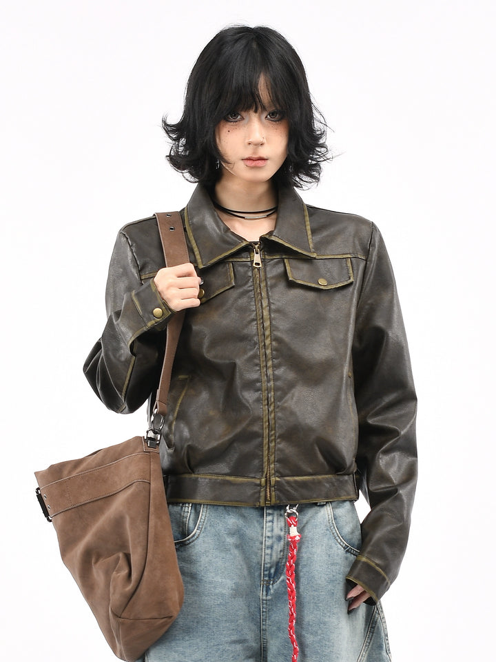 y2k-kawaii-fashion-Brown Leather Jacket-Pinky Dollz