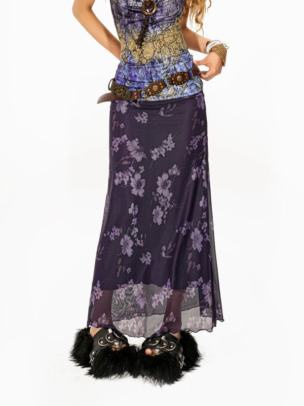 y2k-kawaii-fashion-Purple Floral Mesh Maxi Skirt-Pinky Dollz