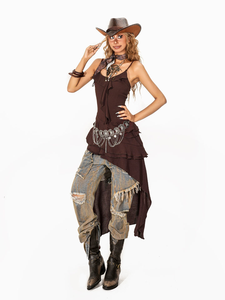 y2k-kawaii-fashion-Brown Ruffle Layered Dress-Pinky Dollz