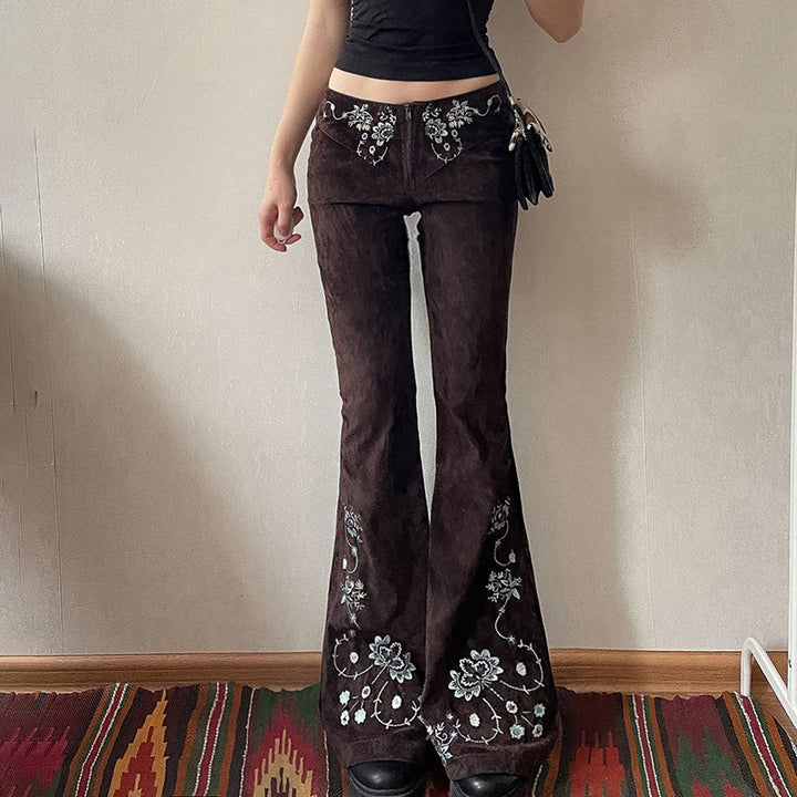 y2k-kawaii-fashion-Boho Embroidered Black Flare Jeans-Pinky Dollz