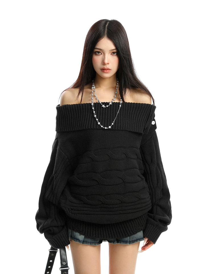 y2k-kawaii-fashion-Off-Shoulder Knit Sweater-Pinky Dollz