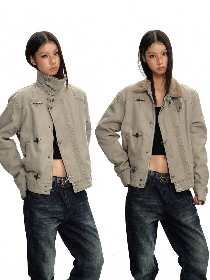 y2k-kawaii-fashion-Fleece-Lined Buckle Lapel Jacket-Pinky Dollz