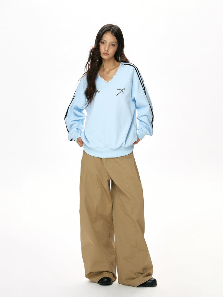 y2k-kawaii-fashion-Lace-Trim Striped V-Neck Long Sleeve Top-Pinky Dollz