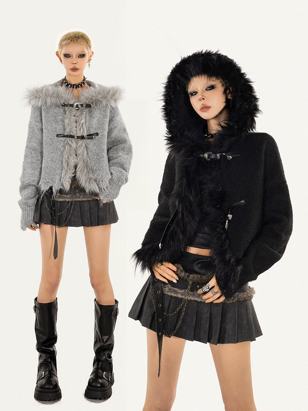 y2k-kawaii-fashion-Faux Fur Trim Buckle Jacket-Pinky Dollz