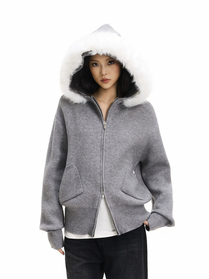 y2k-kawaii-fashion-Faux-Fur Hooded Cardigan with Detachable Plush Collar-Pinky Dollz